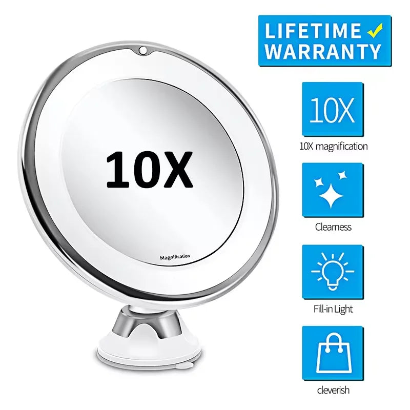 Flexible 10x Magnifying Vanity Mirror with LED Lighted Makeup Mirror Lighting Dressing Makeup Lamp Bottom Sucker