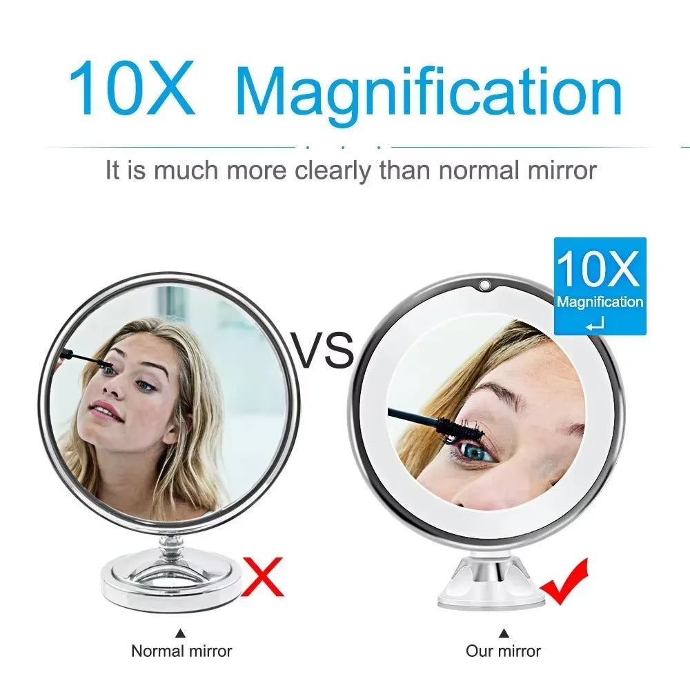 Flexible 10x Magnifying Vanity Mirror with LED Lighted Makeup Mirror Lighting Dressing Makeup Lamp Bottom Sucker