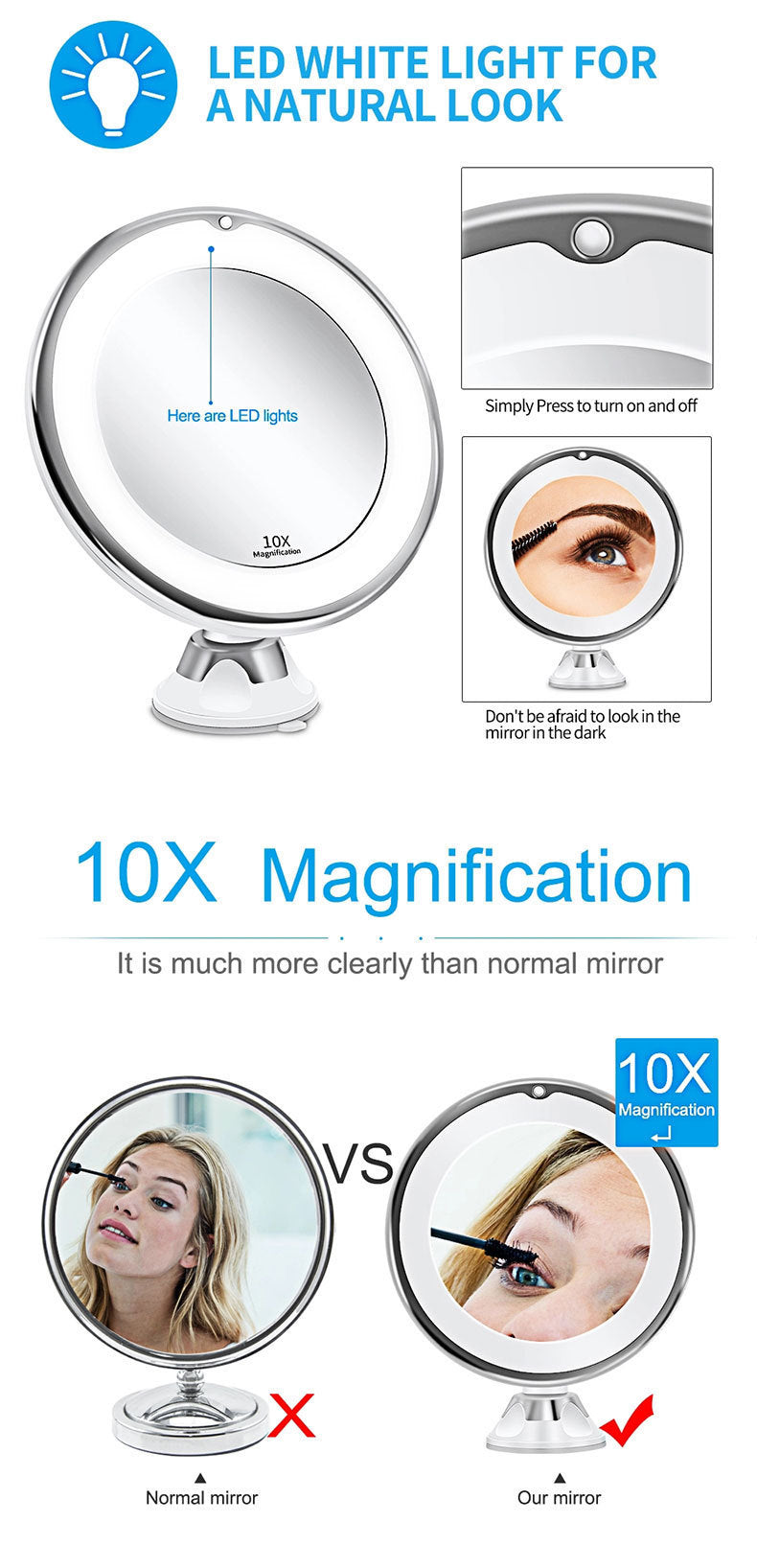 Flexible 10x Magnifying Vanity Mirror with LED Lighted Makeup Mirror Lighting Dressing Makeup Lamp Bottom Sucker