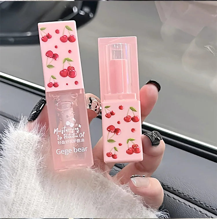 Cherry Hydrating Lip Balm and Lip Oil Set Gege Bear Light Moisturizing Soothing and Tender Lips for Winter Use